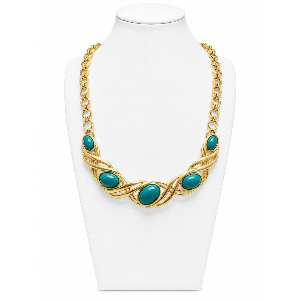 Vintage Signed Monet Gold Tone Faux Turquoise Statement Necklace Adjustable 80s
